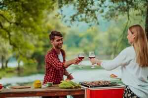 contento Pareja tostado rojo vino vaso mientras teniendo picnic francés cena fiesta al aire libre durante verano fiesta vacaciones cerca el río a hermosa naturaleza foto