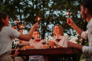 Group of happy friends celebrating holiday vacation using sprinklers and drinking red wine while having picnic french dinner party outdoor near the river on beautiful summer evening in nature photo