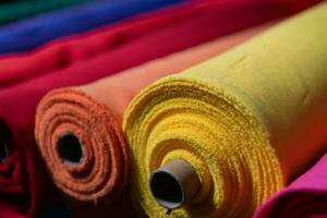 Interior of an industrial warehouse with fabric rolls samples. Small business textile colorful warehouse. photo