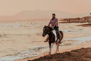 A modern man in summer clothes enjoys riding a horse on a beautiful sandy beach at sunset. Selective focus photo