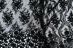 Collection of fashionable fabrics. Samples of different natural fabrics for sewing a fashion collection of clothes. Large selection of fabrics in the store or tailor warehouse. photo