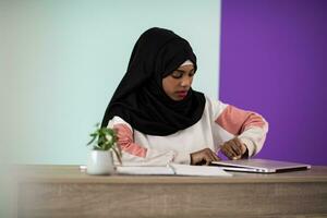 African American woman wearing a hijab thoughtfully sitting in her home office and uses a laptop and smartphone photo