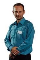 A decisive businessman posing on a white background for a business portrait photo