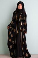 hermosa musulmán mujer en de moda vestir con hijab aislado en moderno cian antecedentes representando concepto de moderno islam y Ramadán kareem foto