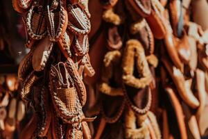 Macedonian folklore, brown sandals. Old shoes. Part of the tradition. Black pants, close up photo