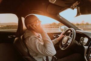 A man with a sunglasses driving a car and talking on smartphone at sunset. The concept of car travel photo