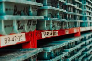 Gold mining storage rock core samples geology drilling industy. Large ore warehouse in modern industry, ores stacked in boxes. Selective focus photo