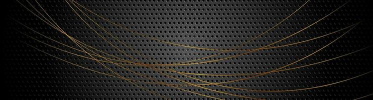 Golden minimal wavy lines on dark perforated background vector