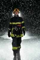 Portrait of a female firefighter standing and walking brave and optimistic. photo