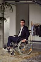 Businessman in a wheelchair commands attention, symbolizing resilience and success amidst a dynamic modern office environment. photo