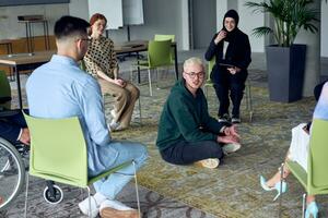 A man sitting at the center of a circle, passionately sharing his business ideas with his colleagues, fostering an atmosphere of collaboration and innovation in a dynamic and engaging workplace. photo