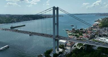 Istanbul Bosphorus Bridge and City Skyline in Background with Turkish Flag at Beautiful Sunset, Aerial slide orbiting and tracking shot photo