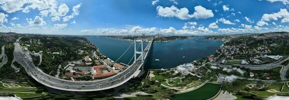 Istanbul Bosphorus Bridge and City Skyline in Background with Turkish Flag at Beautiful Sunset, Aerial slide orbiting and tracking shot photo