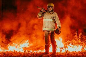 bombero a trabajo. bombero en peligroso bosque areas rodeado por fuerte fuego. concepto de el trabajo de el fuego Servicio foto