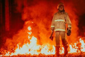 Firefighter at job. Firefighter in dangerous forest areas surrounded by strong fire. Concept of the work of the fire service photo