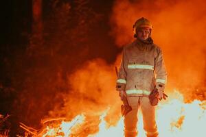 Firefighter at job. Firefighter in dangerous forest areas surrounded by strong fire. Concept of the work of the fire service photo