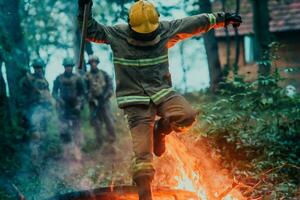 bombero héroe en acción peligro saltando terminado fuego fuego a rescate y salvar foto