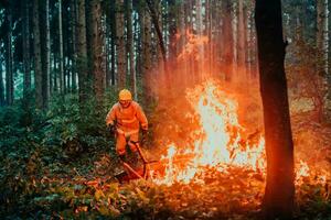 firefighter hero in action danger jumping over fire flame to rescue and save photo