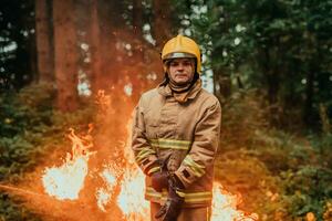 Firefighter at job. Firefighter in dangerous forest areas surrounded by strong fire. Concept of the work of the fire service photo