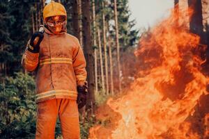 Firefighter at job. Firefighter in dangerous forest areas surrounded by strong fire. Concept of the work of the fire service photo