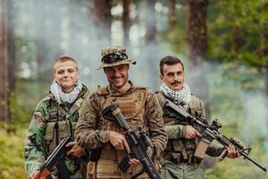 Goup of soldiers in oposit sides celebrating peace after battle photo