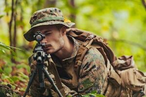 A modern warfare soldier on war duty in dense and dangerous forest areas. Dangerous military rescue operations photo