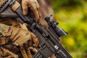 American marine corps special operations soldier preparing tactical and commpunication gear for action battle closeup photo