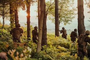 A group of modern warfare soldiers is fighting a war in dangerous remote forest areas. A group of soldiers is fighting on the enemy line with modern weapons. The concept of warfare and military conflicts photo
