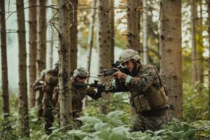 A group of modern warfare soldiers is fighting a war in dangerous remote forest areas. A group of soldiers is fighting on the enemy line with modern weapons. The concept of warfare and military conflicts photo