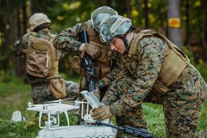 Modern Warfare Soldiers Squad are Using Drone for Scouting and Surveillance During Military Operation in the Forest. photo