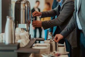 Close-up photo of businessmen serving themselves in a modern hotel during a dinner party. Selective focus