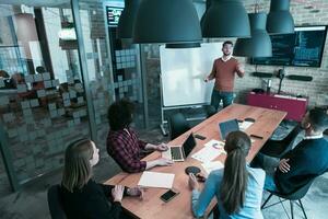 Leader give a business presentation at an office conference meeting, businessman coach mentor explains graph chart on board corporate group workshop training in boardroom. Selective focus photo