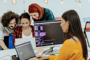 Multiethnic group of employees working in a marketing company. A group of colleagues is working on a project in modern offices photo