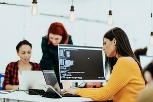 Multiethnic group of employees working in a marketing company. A group of colleagues is working on a project in modern offices photo
