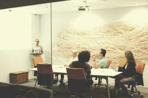 Startup Business Team At A Meeting at modern night office building photo