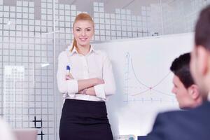 business woman with her staff in background at office photo