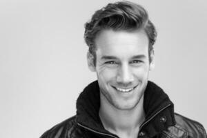 portrait of a young guy over gray background photo