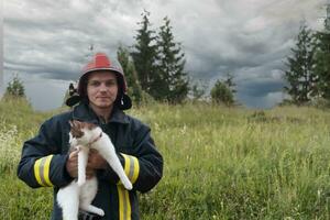 de cerca retrato de heroico bombero en protector traje y rojo casco sostiene salvado gato en su brazos. bombero en fuego luchando operación. foto