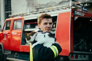 de cerca retrato de heroico bombero en protector traje y rojo casco sostiene salvado gato en su brazos. bombero en fuego luchando operación. foto