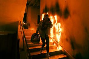 Brave Fireman Descends Stairs of a Burning Building and Holds Saved Girl in His Arms. Open fire and one Firefighter in the Background. photo