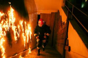 valiente bombero yendo piso de arriba a salvar y rescate personas en un ardiente edificio. abierto fuego y fuego. foto