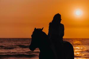 Woman in summer clothes enjoys riding a horse on a beautiful sandy beach at sunset. Selective focus photo