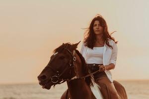 Woman in summer clothes enjoys riding a horse on a beautiful sandy beach at sunset. Selective focus photo