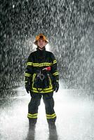 Portrait of a female firefighter standing and walking brave and optimistic. photo