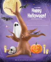 gelukkig halloween poster sjabloon met 3d renderen halloween boom, pompoen, schedel, vleermuizen en geest psd