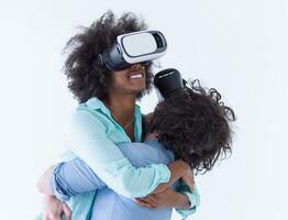 multiethnic couple getting experience using VR headset glasses photo