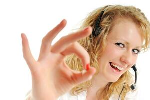 business blonde woman with headset photo