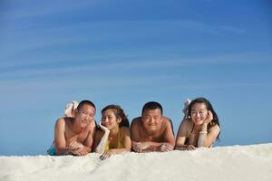 group of happy young people have fun on bach photo