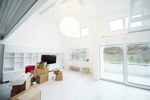 Interior of empty stylish modern open space two level apartment photo