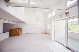 Interior of empty stylish modern open space two level apartment photo